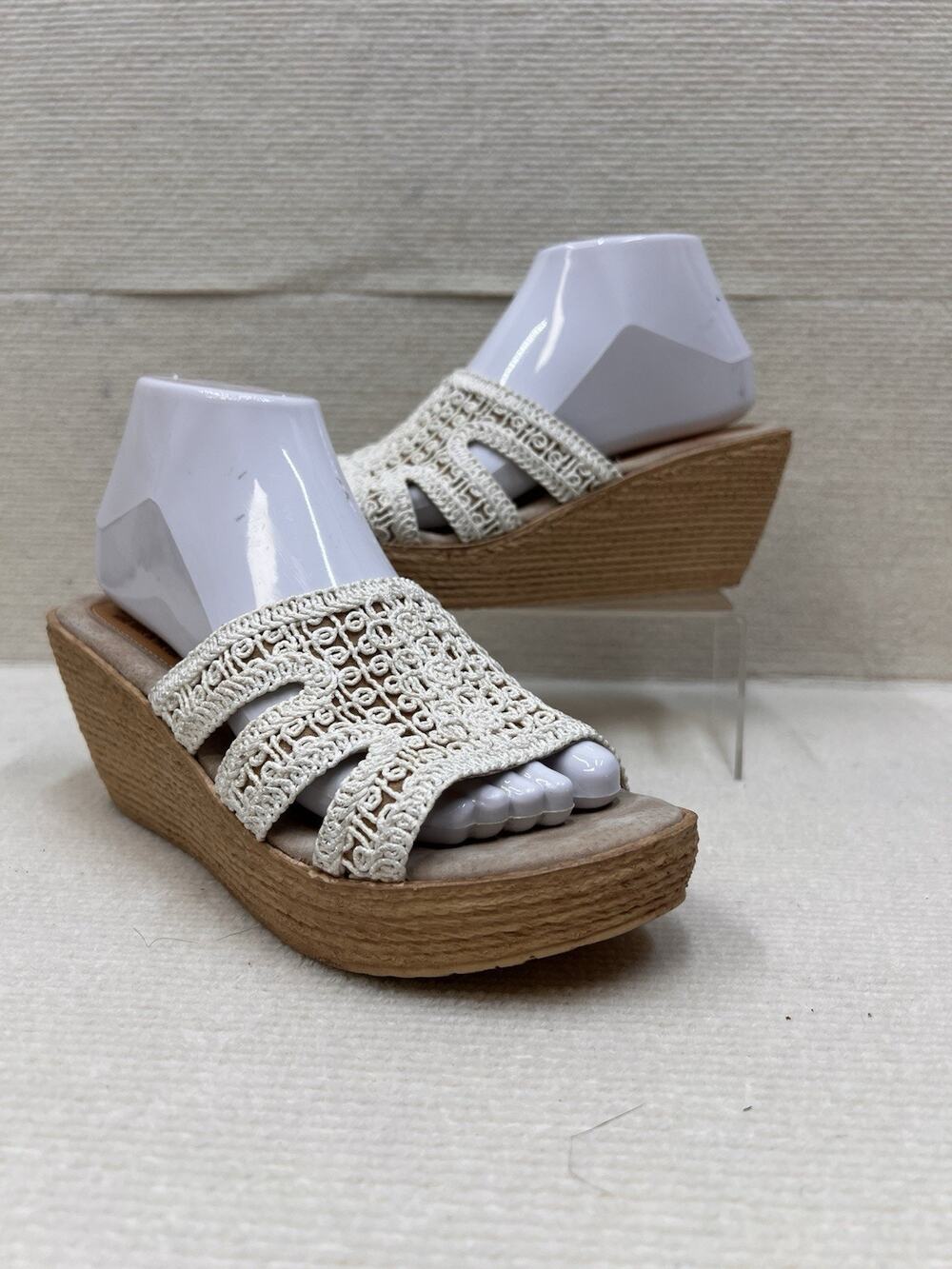Vintage Sbicca Macrame Crochet Platform Wedge Sandals Woodgrain Slide Boho Sz 8
